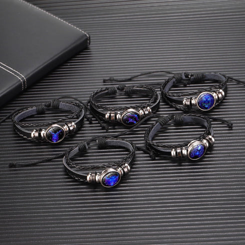 2Pcs Multilayer Constellation Zodiac Leather Bracelet Vintage Black Leather Bracelet Adjustable Handmade Woven Bracelet Birthday Trendy Jewelry fo...