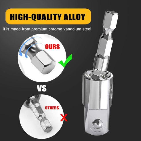 Power Drill Sockets Adapter, 360 Degree Rotatable Universal Joint Swivel Socket Set 1/4 Inch Hex Shank to 1/4 3/8 1/2 Square Socket Drives CR-V St...