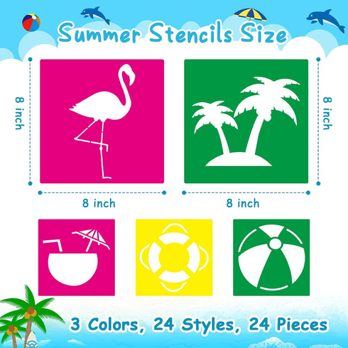 24 Pieces Summer Stencils for Kids 8 Inches Drawing Stencils Chalk Stencils Large Washable Aloha Themed Primary Shape Template for Kids Toddlers P...