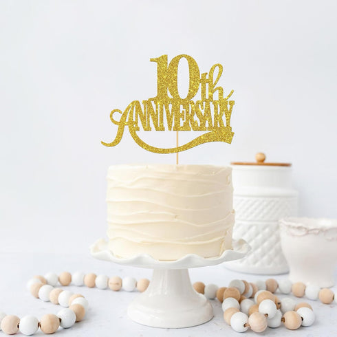 Gold Glitter 10th Anniversary Cake Topper - Happy 10th Wedding Anniversary / Birthday Party Decorations...