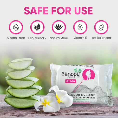 Hygiene Feminine Wipes - Canopy Wipes ALMA 100% Biodegradable, pH Balanced Body and Hand Cleansing Cloths for Women w/Aloe - Great Wet Wipes for W...
