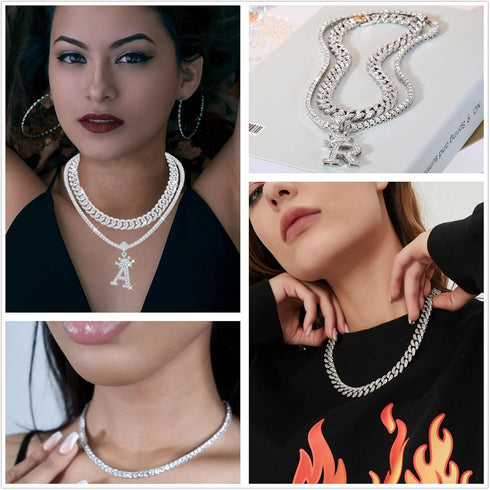 Honsny Cuban Link Chain For Women Men Silver Crown Initial Pendant Necklace Iced Out Miami Bling Diamond Tennis Chain Necklaces A-Z Letter Pendant...