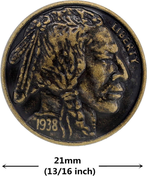 Bezelry 12 Pieces Indian Head Coin Style Metal Shank Buttons. 21mm (13/16 inch) (Antique Brass)...