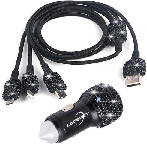 Bling Car Charger Accessories Set,Rhinestone Dual USB Car Chargers + Bling 3 in1 Nylon Braided Charging Cable,Bling Crystal Decoration Car Accesso...
