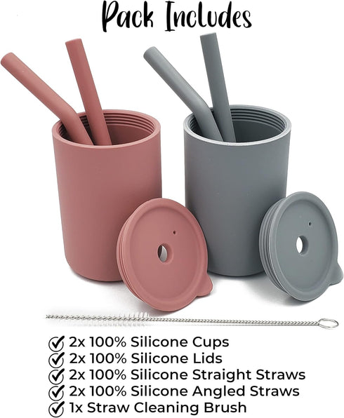 Silicone Kids Cups with Straws - Set of 2, Unbreakable Training Cup with Straw for Babies and Toddlers for less mess, BPA-Free Silicone Baby cup, ...