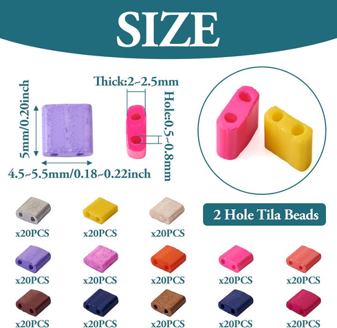 260Pcs 5mm Tila Beads Glass Seed Beads 13 Colors Baking Paint Square Beads 2 Hole Tile Carrier Beads Kit for DIY Crafts Bracelets Jewelry Making S...