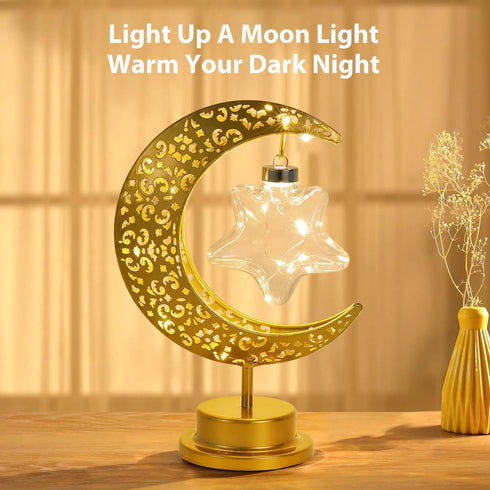 Decorative Table Lamp, Battery Powered Ramadan Desk Lamp Decorations Crescent Table Light Lunar Star Moon Lantern for Bedside Nightstand Desktop K...