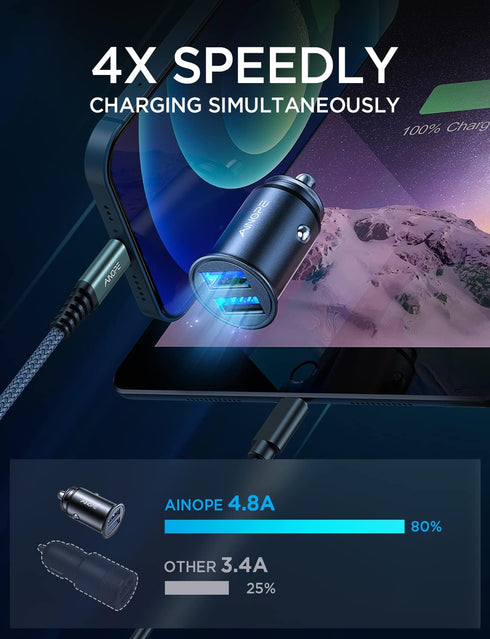 AINOPE 1 Pack Fast Mini Car Charger, 4.8A Metal Car Charger Adapter Flush Fit, Dual Port USB Car Charger Compatible with iPhone 14 13 12 Pro Max 8...