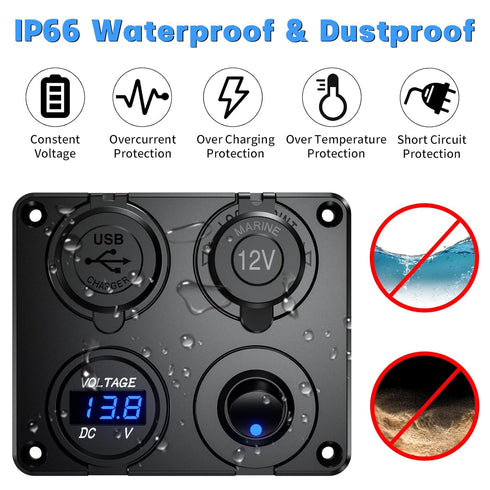 4 in 1 12V Outlet Charger Socket Panel, 36W Power Dual QC 3.0 USB Car Charger Outlet Socket, Cigarette Lighter Socket with LED Voltmeter Rocker To...