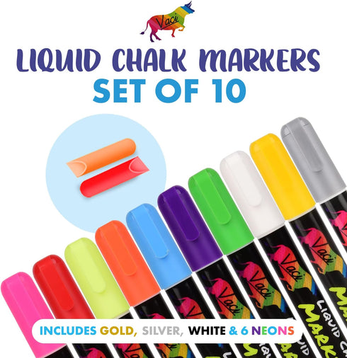 Vaci Neon Liquid Chalk Markers - Erasable Chalk Pens for Chalkboard, Car Window, Glass, Mirror, Blackboard with Reversible Fine Tip - 10 Pack...