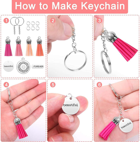 350Pcs Motivational Keychain Accessories Set with 50 Engraved Inspirational Words Charms, 50 Leather Keychain Tassels, 50 Keyring with Chain, 200 ...