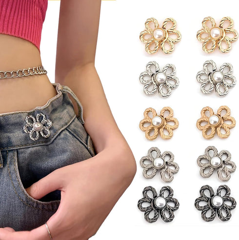 Flower Jeans Button 10 Sets Pant Waist Tightener, Adjustable Waist Buckle Sets No Sew and No Tools Detachable Decorative Waist Buckles, Jean Butto...