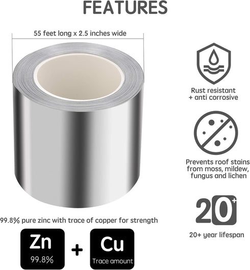 Zinc Metal Strip for Roof and Garden - 55 Feet x 2.5 Inches - Prevents Roofing Stains...