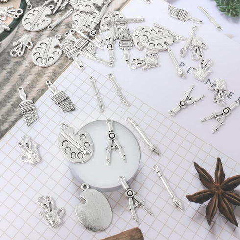 Honbay 60PCS Alloy Painting Charms Pendant Artist Painter Brush Palette Knife Brush Pot Compasses Pendants for Earrings Bracelet Necklace Jewelry ...