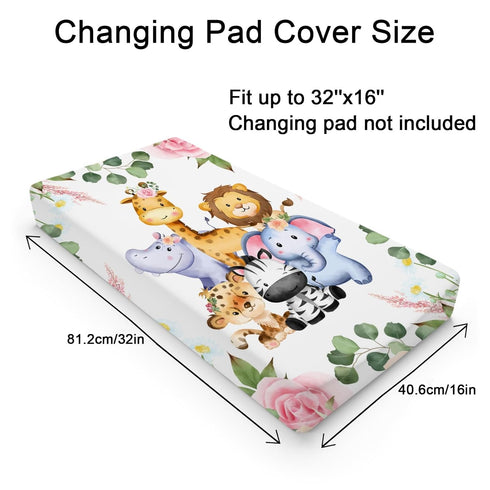 Jungle Safari Animals Tropical Leaves Flowers Changing Pad Cover Lion Elephant Zebra Giraffe Hippo Change Table Covers for Boys Girls Soft Stretch...