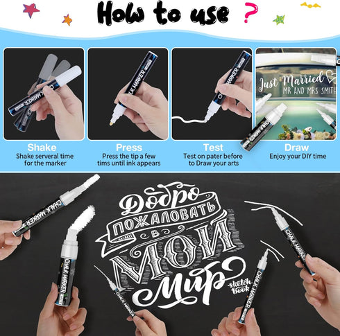 White Window Chalk Markers Pen: 6 Pack White Glass Marker, Liquid Chalk Marker for Chalkboard Signs, Car Window Paint Marker Pen for Bistro, Jars,...