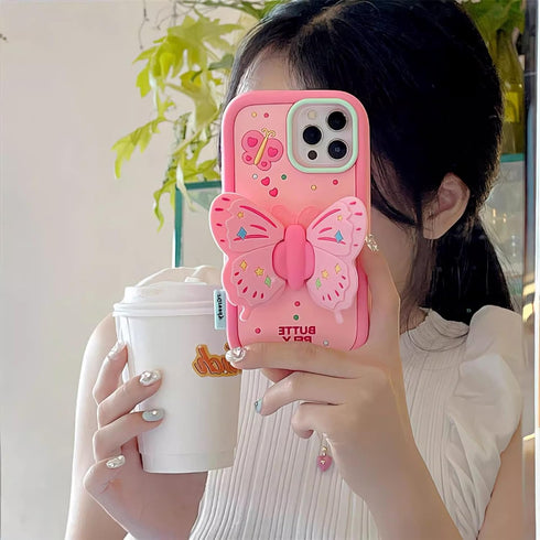for iPhone 15 Pro Case Cute iPhone 14 Pro Case iPhone 13 Pro Case with Kickstand Stand Holder 3D Butterfly Silicone Girls Women Phone Cases Lens S...