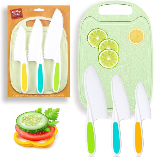 4 Pcs Kids Kitchen Knife Set,Kids Knives For Real Cooking With Nylon Kitchen Baking Knife with Cutting Board,Firm Grip,Safe Serrated Edges Kids Kn...
