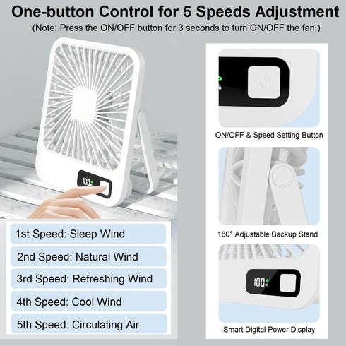 Desk Fan Battery Operated Fan, USB Rechargeable Desktop Fans Small Quiet 180° Foldable Portable Fan for Office Bedroom Travel Outdoor, 5 Speeds Ad...