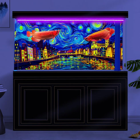 48X24IN Blacklight Vincent Van Gogh Black Light Aquarium Background, UV Fish Tank Background Art Oil Painting Terrarium Background with 10 EVA Dou...
