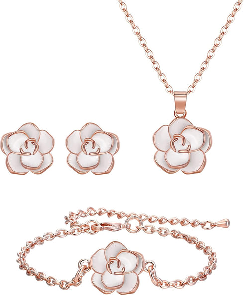 EleQueen Rose Flower Necklace Earrings Bracelet Set 14K White Rose Gold Plated Hypoallergenic Jewelry Sets Gift for Women Girls...