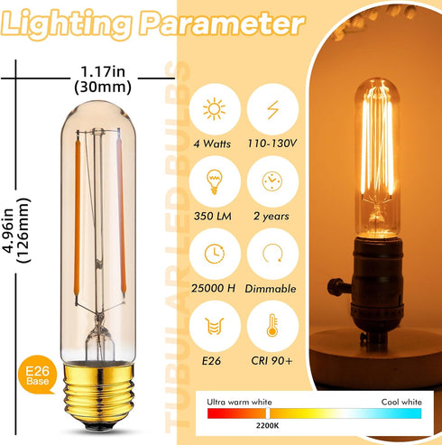 Dimmable E26 LED Edison Tubular Light Bulbs 40W, 4.96 inches T10 T30 4W 350Lumens Vintage Light Bulbs,2200K Soft White Flicker-Free for Chandelier...