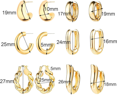 6 Pairs Gold Hoop Earrings for Women, 14K Gold Plated Huggie Hoop Earrings Set Hypoallergenic Lightweight Chunky Open Hoops Jewelry for Gift...