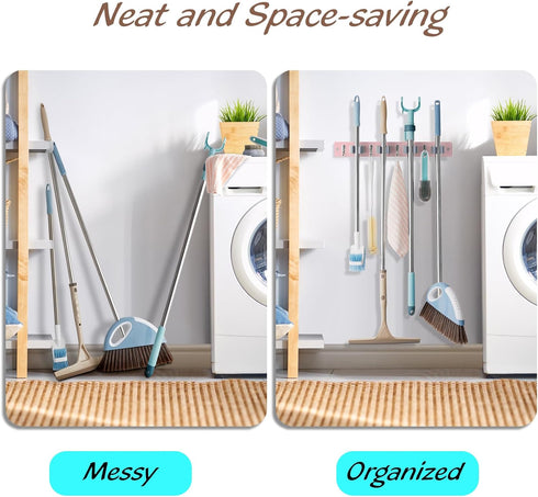 Pink Mop Broom Holder Wall Mount with 4 Slots & 4 Hooks - Wood Broom Mop Hanger for Pantry Closet Laundry Room Kitchen Organization - Pink Kitchen...