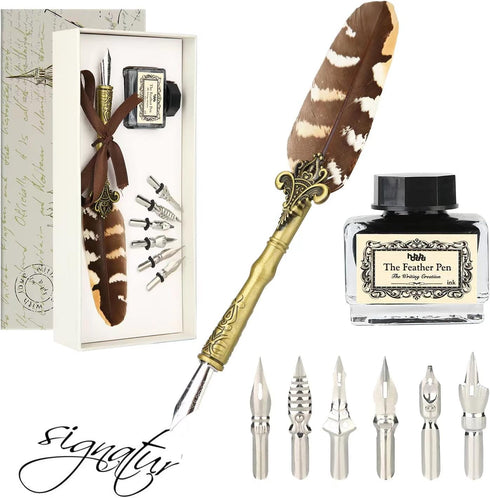 Quill Pen and Ink Set Feather Pen with Ink and 6pcs Nibs Calligraphy Pens for Beginners for Lettering,Drawing, Journaling, Signing, Invitation HO-...