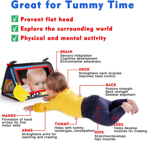 Tummy Time Baby Mirror Infant Toys Newborn Toys 0 3 Months Brain Development with Crinkle Cloth Book and Teether Black and White High Contrast Bab...