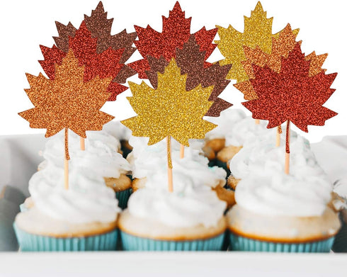 48 Pcs Glitter Maple Leaf Cupcake Topper Picks for Thanksgiving Fall Harvest Party Cake Decorations...
