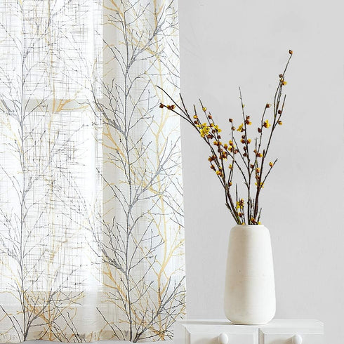 FMFUNCTEX Window Valance Curtains Yellow Grey Tree Branch Print on Semi Sheer White Short Valance for Kitchen Bathroom Rod Pocket Window Treatment...