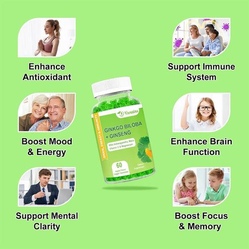 2 Pack Ginkgo Biloba Gummies with Ginseng Maca Root & Magnesium Organic Ginko Biloba Supplements Gummies for Brain Focus Energy Mood Memory - Adul...
