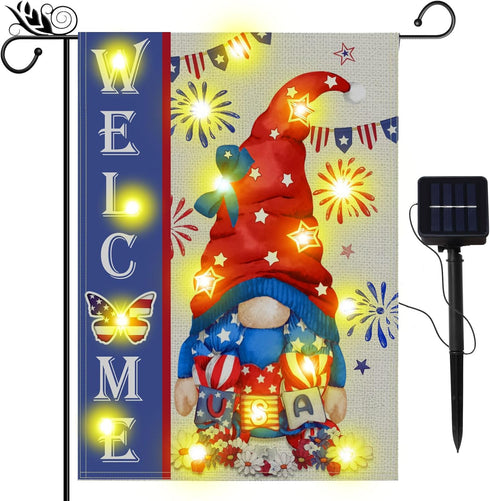 Solar LED Yard Garden Flags, All Seasons Garden Flags Banner 12x18 Double Sided, Welcome Garden Flags for Outside Outdoors Patio Lawn Yard Decorat...