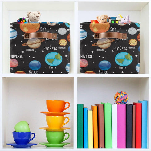 Solar System Storage Basket Collapsible Rectangle Storage Bin Shelves Basket Organizer with Leather Handle for Closet, Office, Nursery, Home Decor...