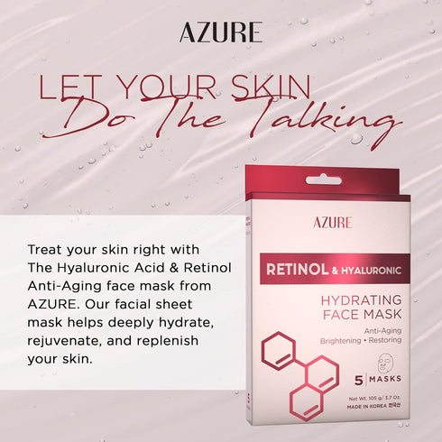 AZURE Retinol & Hyaluronic Acid Anti Aging Facial Sheet Mask - Rejuvenating & Hydrating Face Mask - Helps Reduce Fine Lines & Wrinkles, Smooths & ...