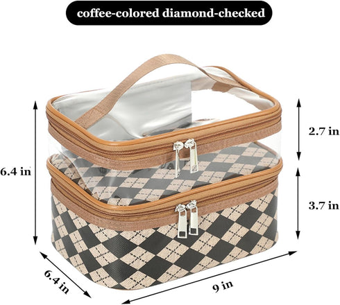 Double Layer Cosmetic Bag Toiletry Bag Makeup Bag Organizer Large Capacity Waterproof Makeup Case for Travel and Daily Use (coffee diamond plaid)...
