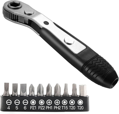 Mini Ratchet Screwdriver Set - 11-Piece 1/4 Ratchet Elbow Right Angle Screwdriver Set Small Ratcheting Wrench High Torque Low Profile Ratchet Angl...