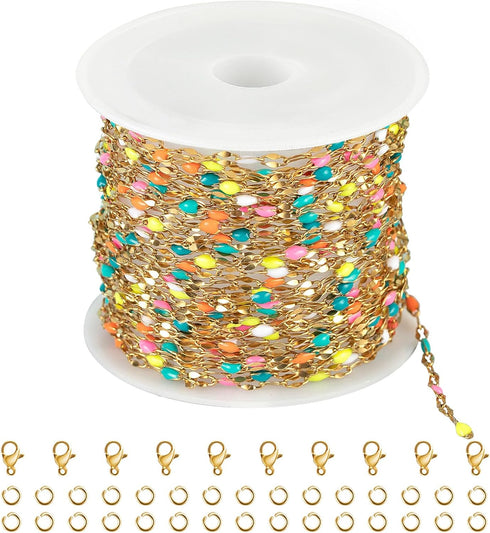 Kyutong 16.4 Feet Gold Plated Stainless Steel Chain Necklace Colorful Enamel Beaded Chains Bulk Thin Lip Chain Link with Lobster Clasps Jump Rings...