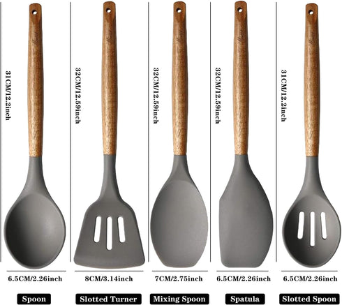 Kitchen Utensils Set, Silicone Cooking Utensils Set,Non-Stick Silicone Spatula Set with Natural Acacia Hard Wood Handle, 5 Piece, Upgraded Thicken...