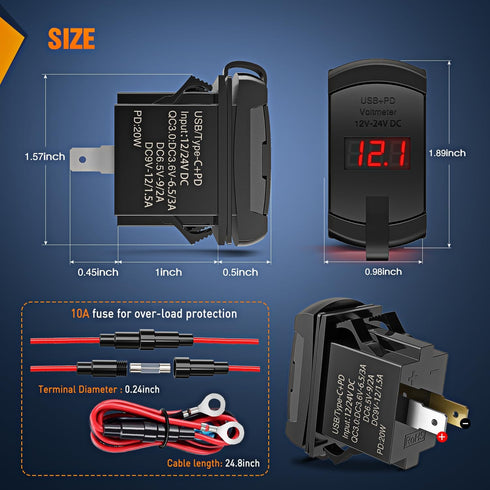 Nilight Rocker Switch Style USB Charger Red LED Voltmeter Quick Charge 12V PD Type C and USB QC 3.0 Car Charger Replacement with Inline Fuse for S...