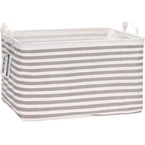 Sea Team Collapsible Canvas Fabric Storage Basket with Handles, Rectangle Waterproof Storage Bin, Box, Cube, Foldable Shelf Basket, Closet Organiz...
