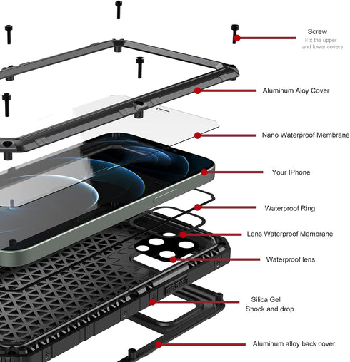 Marrkey Waterproof Case for iPhone 12 Pro Max, Heavy Duty Shockproof Dustproof Metal Durable Case with Built-in Screen,360 Full Body Protection Ru...