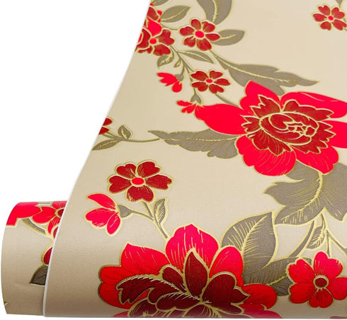 LovingWay 14.7 feet Wallpaper Roll Red Peony Floral Shelf Liner 17.7x177 Inch Christmas Storage Drawer Lining Paper Refresh Home School Furnitures...