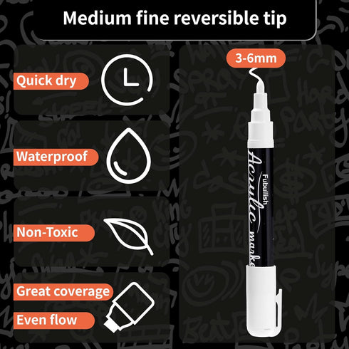2 Pack White Acrylic Paint Markers, 3-6mm Waterproof Paint Pens for Wood, Canvas, Stone, Rock Painting, Mug, Ceramic, Glass, Metal Surfaces, DIY C...