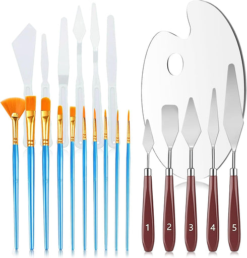 Acrylic Paint Set, Art Painting Supplies Kit with 10 Brushes, 5 Stainless Steel Palette Knife, 6 Plastic Spatula Palette Knives, Paint Palette tra...