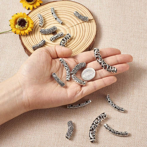 KISSITTY 30pcs/Box Antique Silver Filigree Long Curved Noodle Tube Spacer Beads 24~48mm for DIY Jewelry Making...