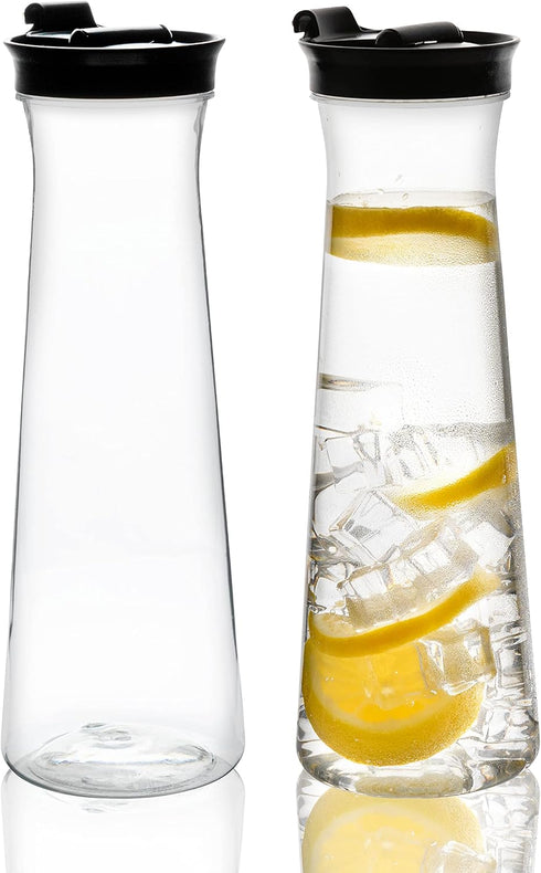 Clear Plastic Water Pitchers Carafes with Flip top Black Lids 34 OZ Heavy Duty Beverage Pitcher Jug for Juice or iced Coffee Great for Mimosa bar ...