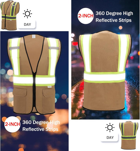 High Visibility Reflective Safety Vest with Zipper and Pockets Khaki,L...