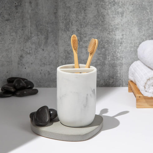 Essentra Home White Marble Toothbrush Holder | Small Toothbrush & Toothpaste Organizer | Blanc Collection...